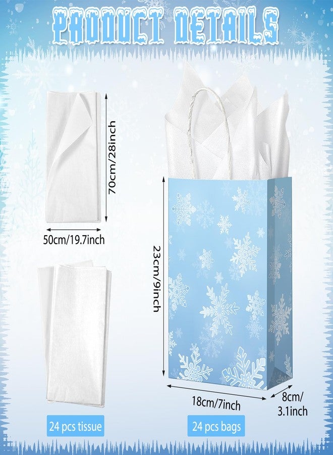 Jectivs 24Pack Party Gift Bags,Large Thick Kraft White Snowflake Ice Blue Treat Bags w/ White Tissue, Goodie Favor Bags w/ Handles Winter Onederland Holiday Party Supplies - Image 2